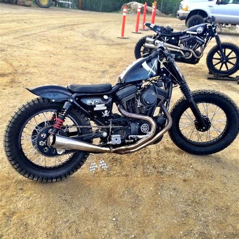 As is customary for flat trackers, this Sportster street tracker rolls on . . Sportster flat track parts